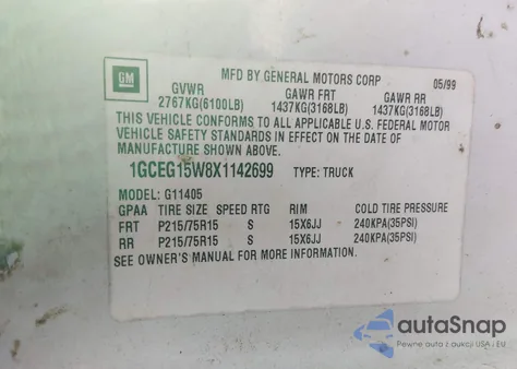 1999 Chevrolet Express из США, поврежденный, VIN 1GCEG15W8X1142699